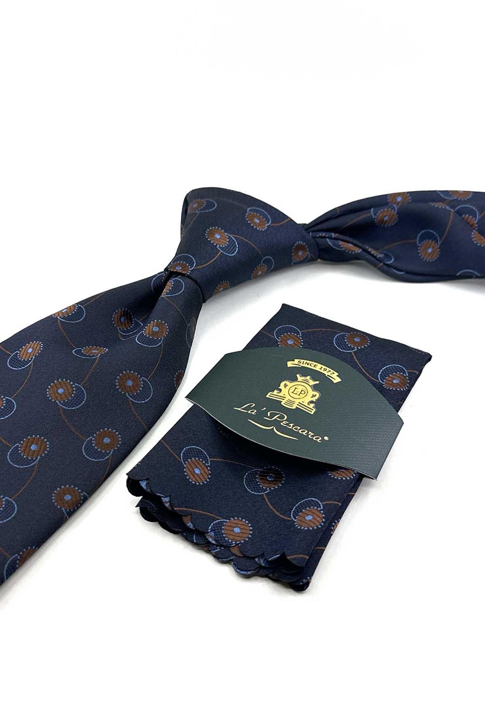 Lacivert Kahve Motif Desen Mendilli Klasik Kravat KK13977