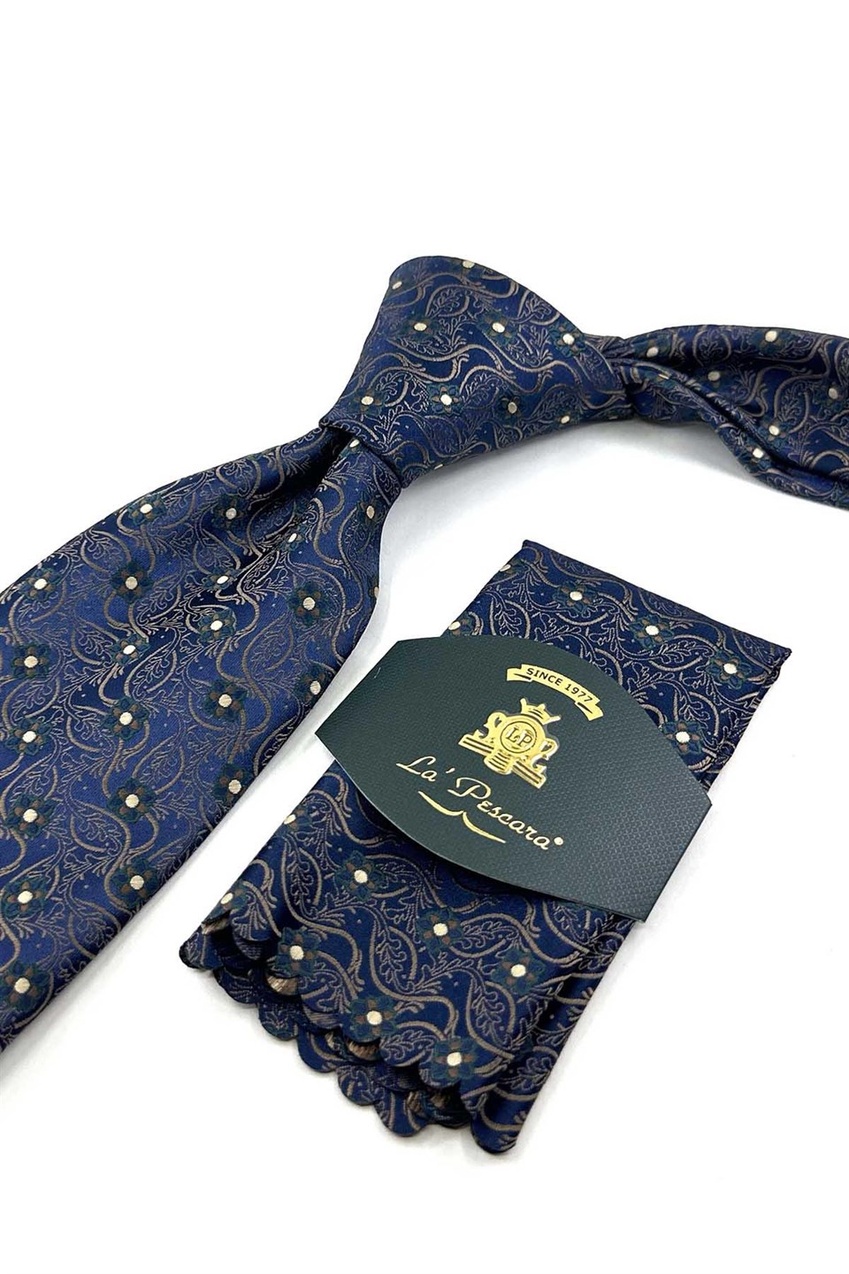 Lacivert Kahve Motif Desen Mendilli Klasik Kravat KK13886