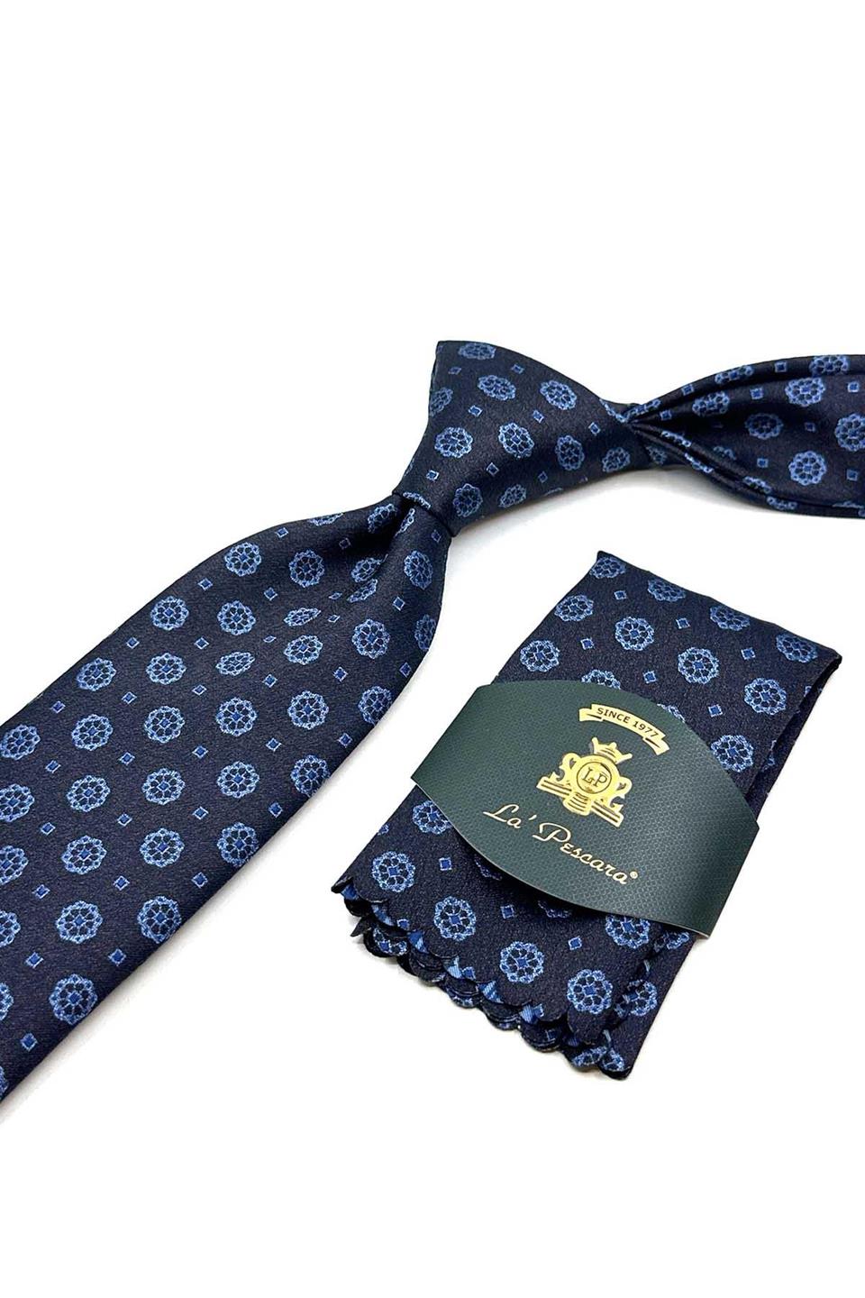Lacivert - Kahve Motif Desen Mendilli Klasik Kravat KK12904