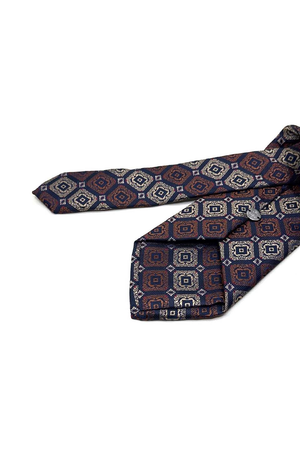 Lacivert - Kahve Motif Desen Mendilli Klasik Kravat KK13428