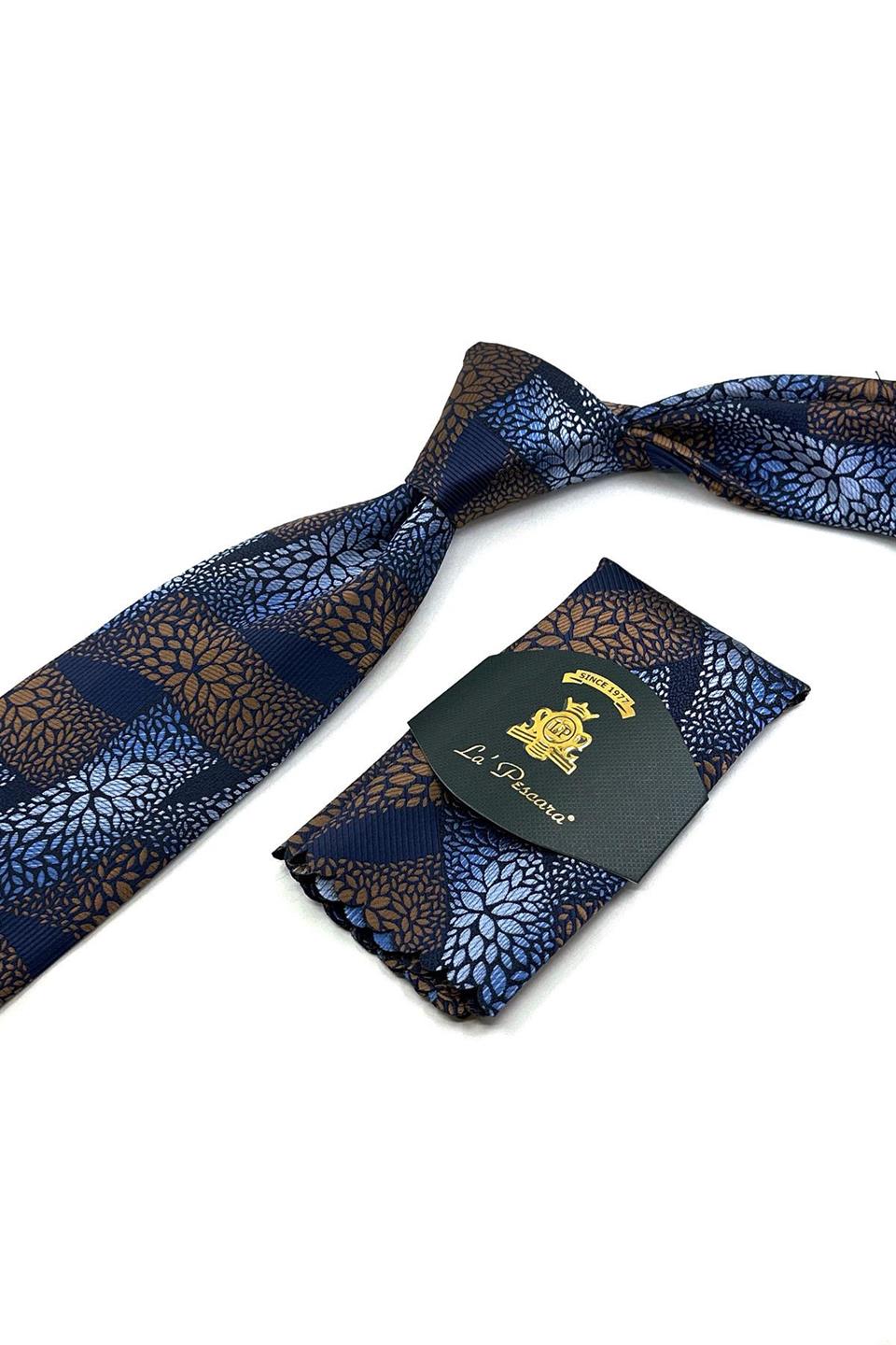 Lacivert - Kahve Motif Desen Mendilli Klasik  Kravat KK12053