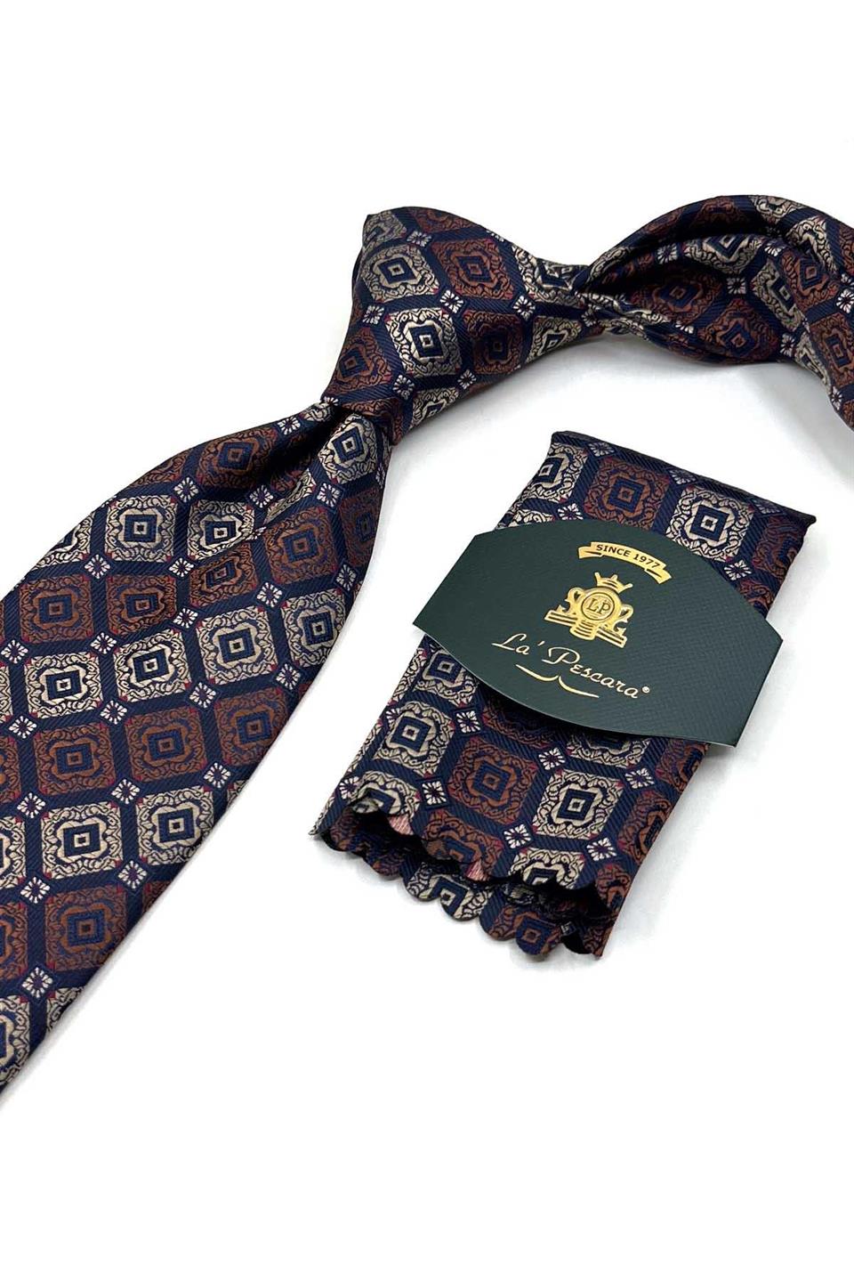Lacivert - Kahve Motif Desen Mendilli Klasik Kravat KK13428