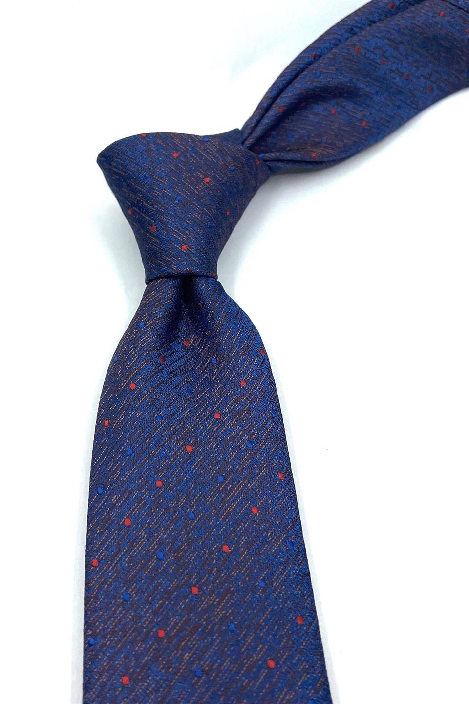 Lacivert - Kahve Nokta Desen İnce Kravat SK7646