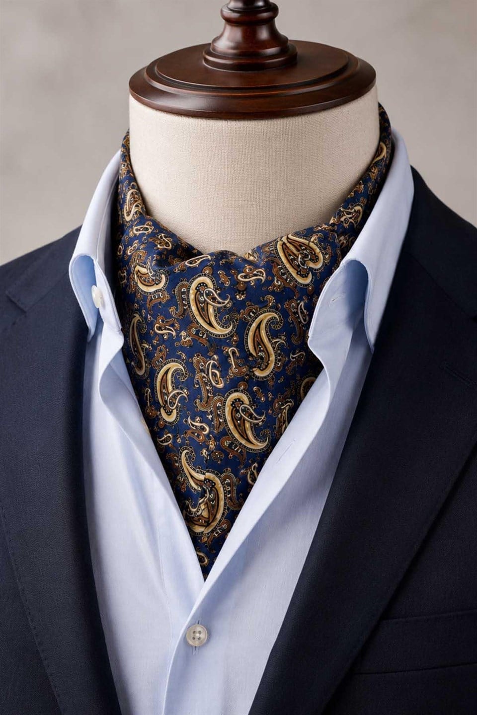 Lacivert Kahve Şal Desen İtalyan İpek Ascot Kravat SAC150