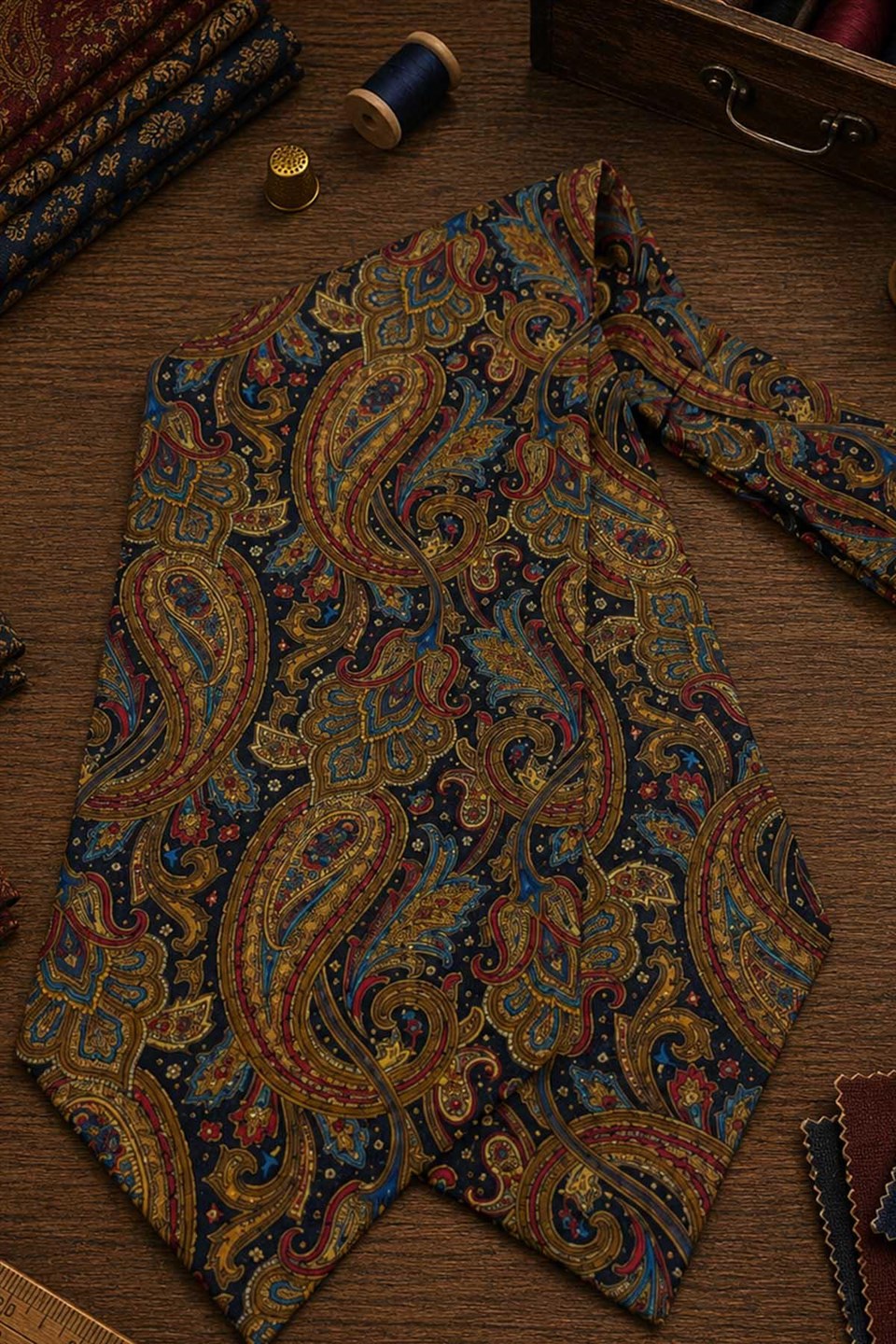 Lacivert Kahve Şal Desen İtalyan İpek Ascot Kravat SAC84