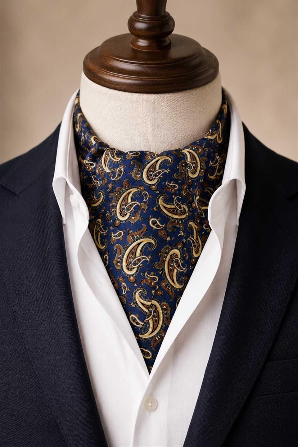 Lacivert Kahve Şal Desen İtalyan İpek Ascot Kravat SAC150