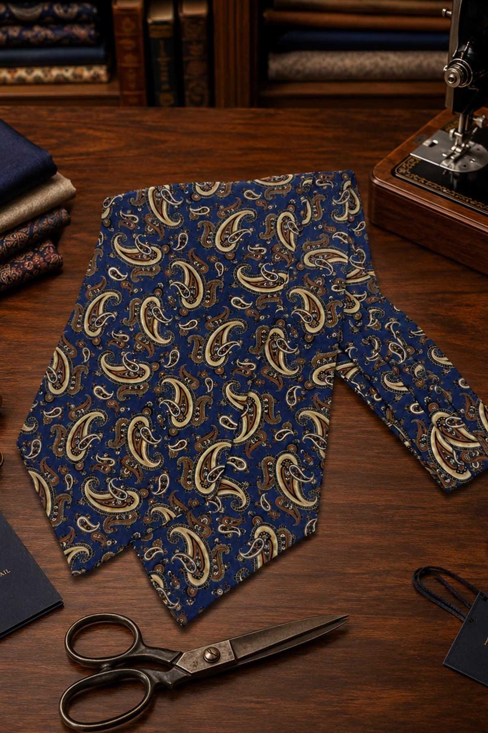 Lacivert Kahve Şal Desen İtalyan İpek Ascot Kravat SAC150