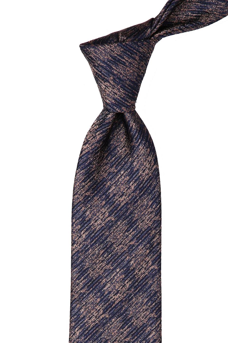 Lacivert - Kahverengi Motif Desen Mendilli Klasik Kravat KK10371