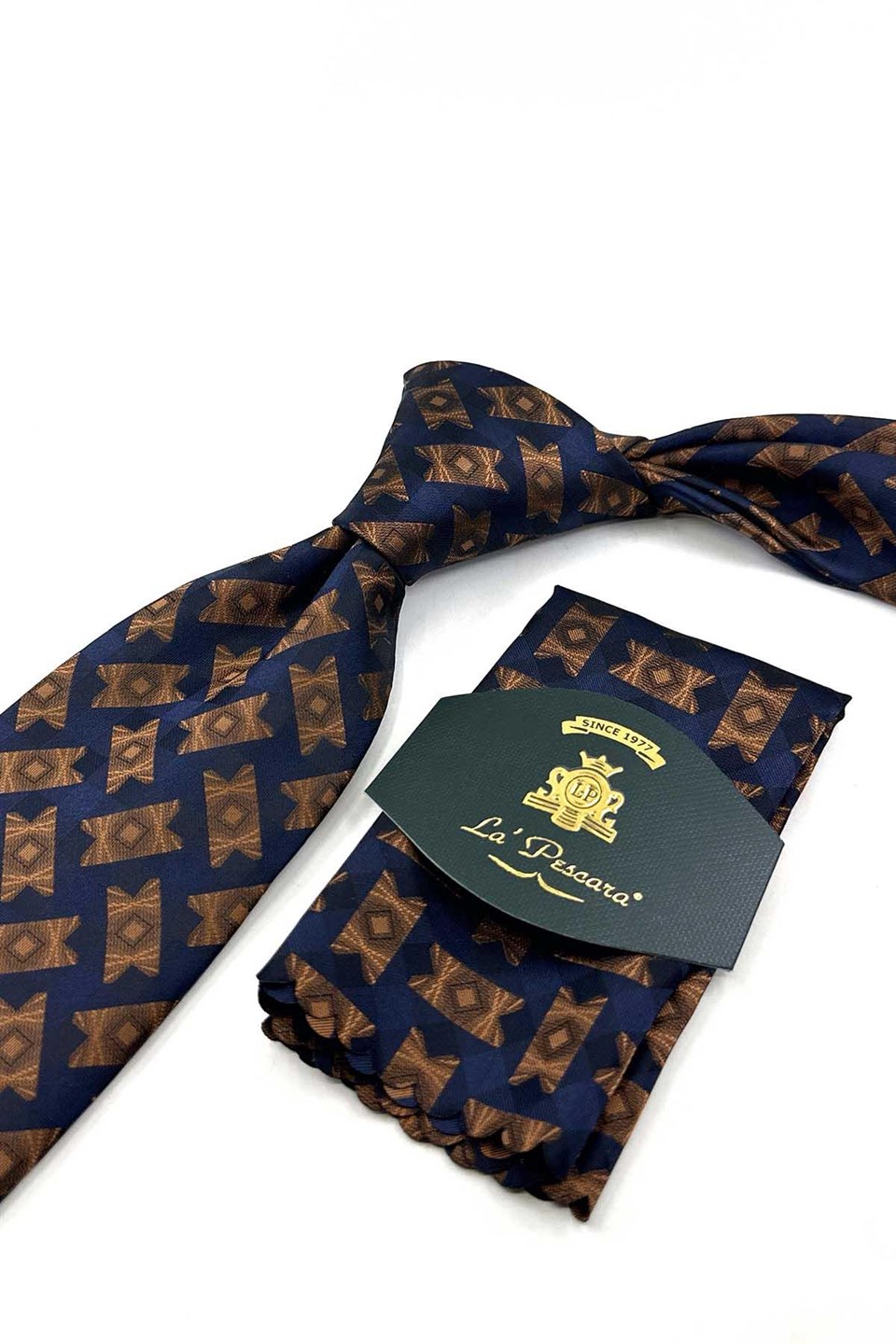 Lacivert Kahverengi Motif Desen Mendilli Klasik Kravat KK13935