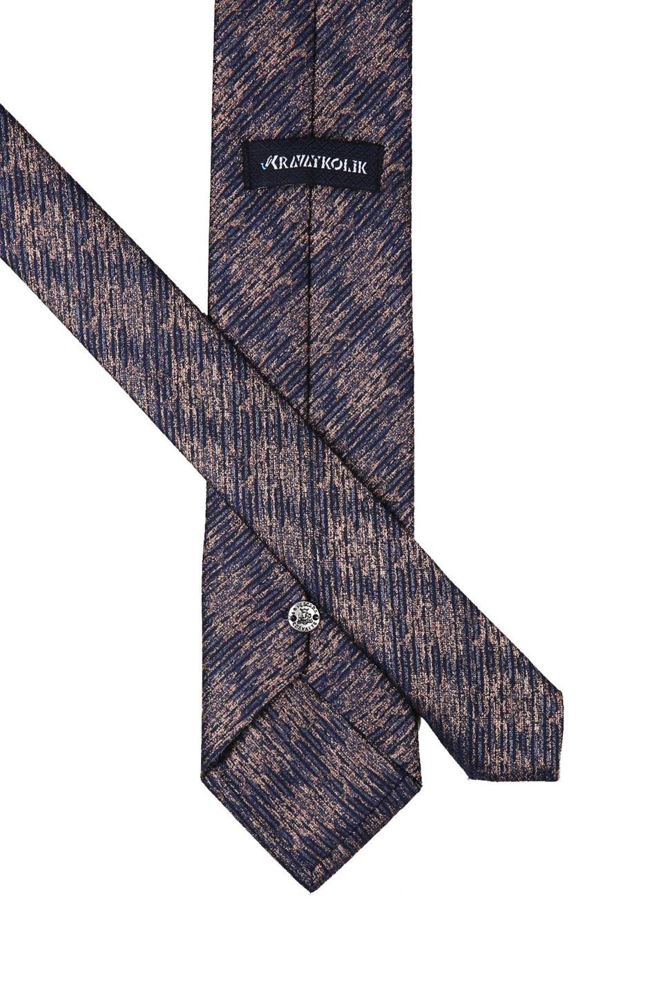 Lacivert - Kahverengi Motif Desen Mendilli Klasik Kravat KK10371