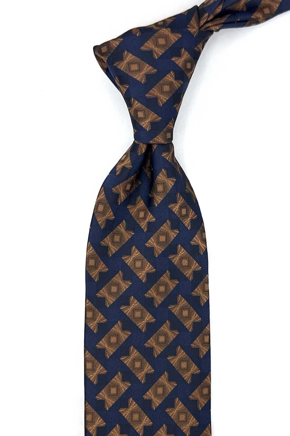 Lacivert Kahverengi Motif Desen Mendilli Klasik Kravat KK13935
