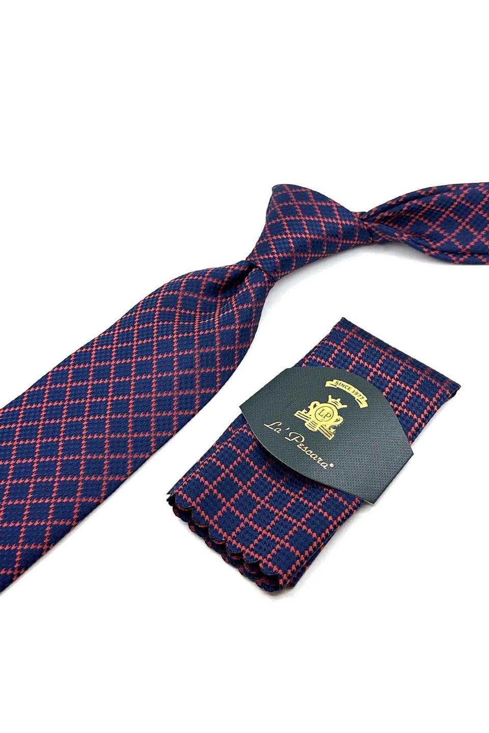 Lacivert Kare Desen Mendilli Klasik Kravat KK12304