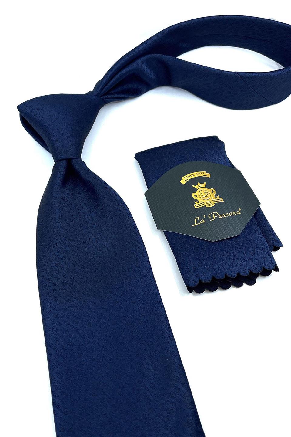 Lacivert Kendinden Desen Mendilli Klasik Kravat KK10961