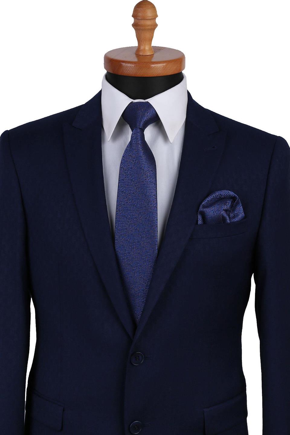 Lacivert Kendinden Desen Mendilli Klasik Kravat KK9640