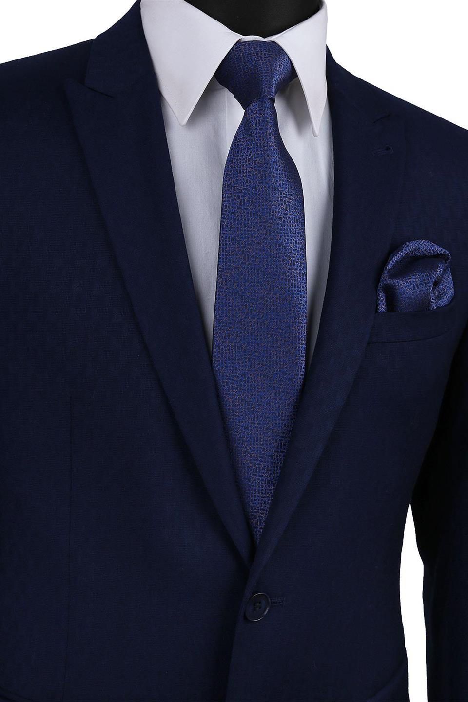 Lacivert Kendinden Desen Mendilli Klasik Kravat KK9640