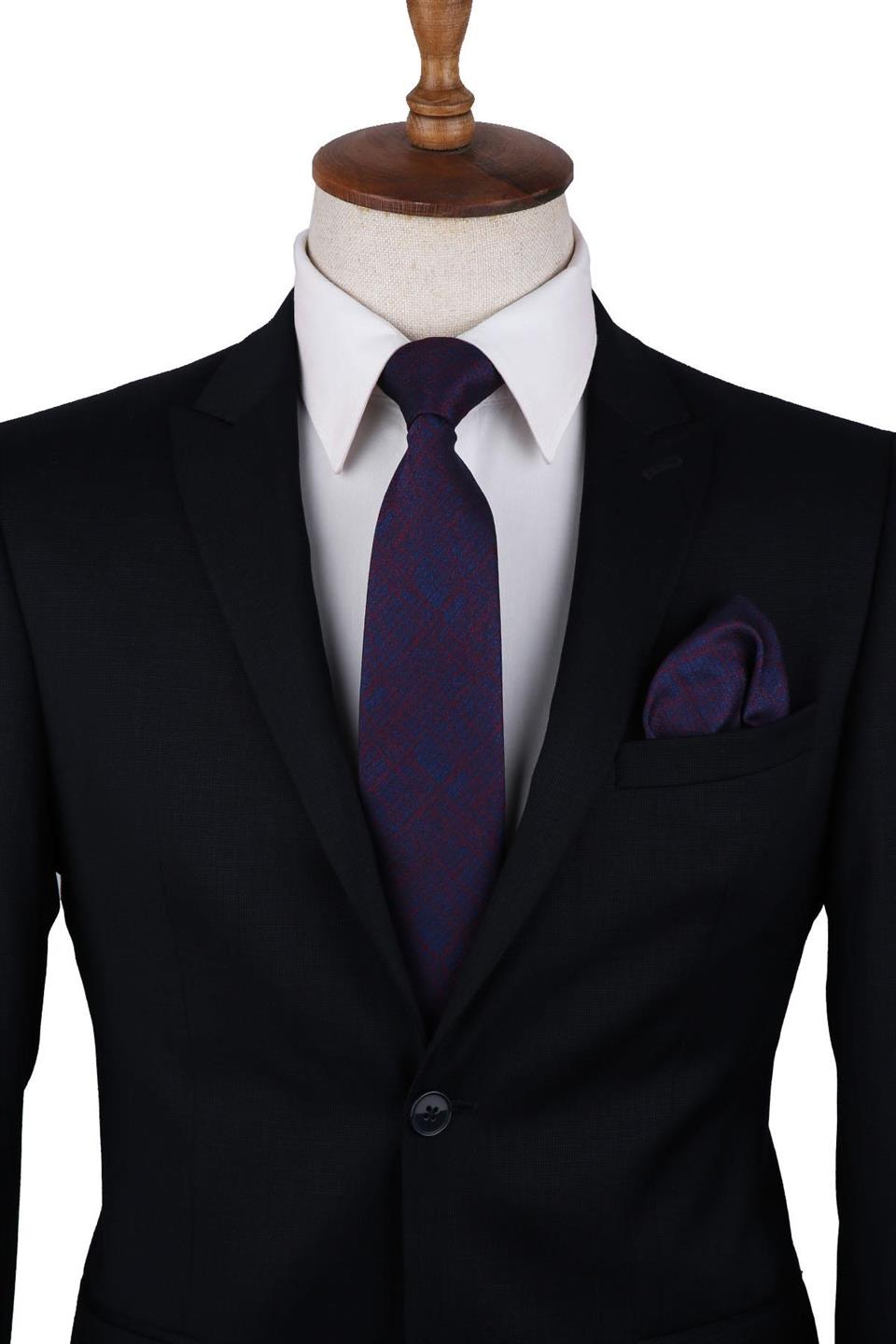 Lacivert Kendinden Desen Mendilli Klasik Kravat KK10234