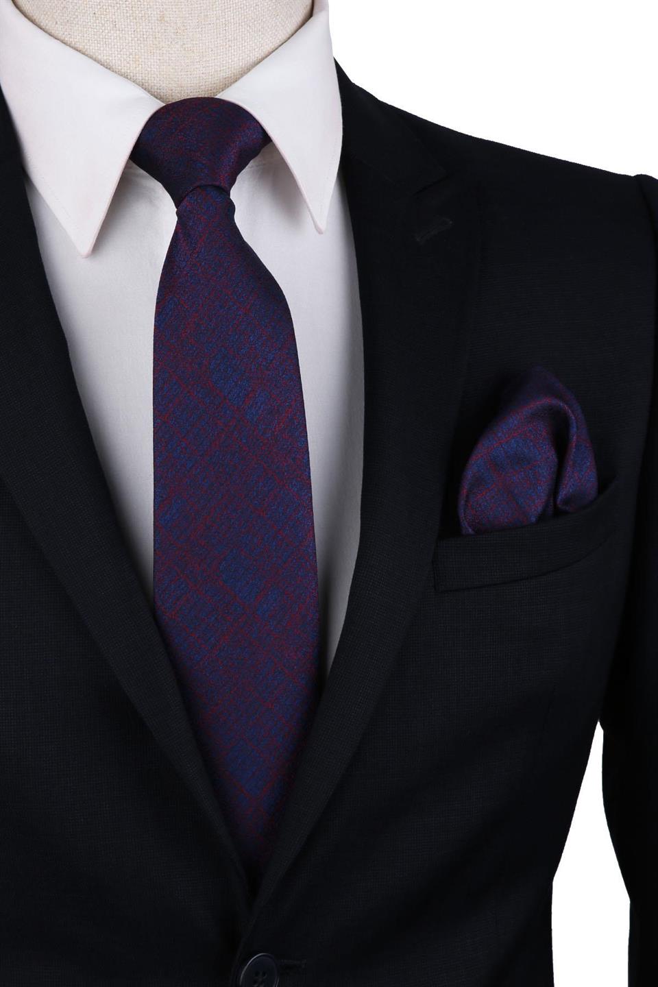 Lacivert Kendinden Desen Mendilli Klasik Kravat KK10234