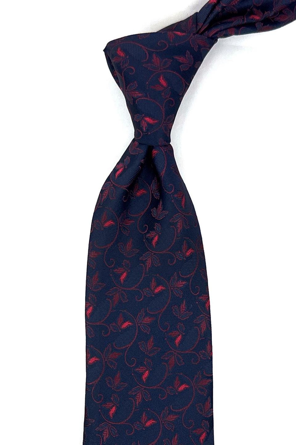 Lacivert - Kırmızı Çiçek Desen Mendilli Klasik Kravat KK12035