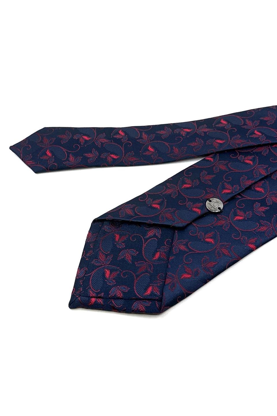 Lacivert - Kırmızı Çiçek Desen Mendilli Klasik Kravat KK12035