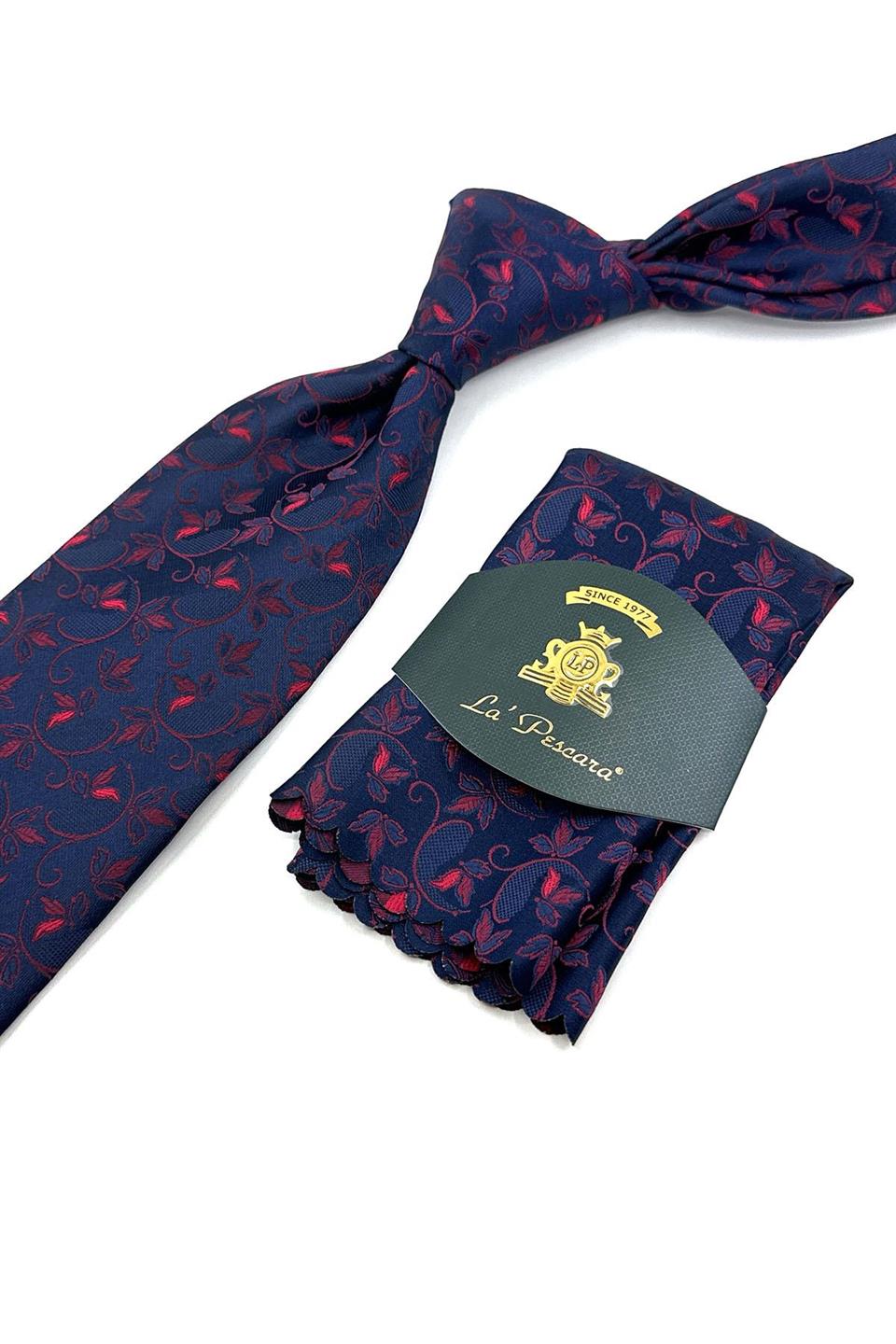 Lacivert - Kırmızı Çiçek Desen Mendilli Klasik Kravat KK12035