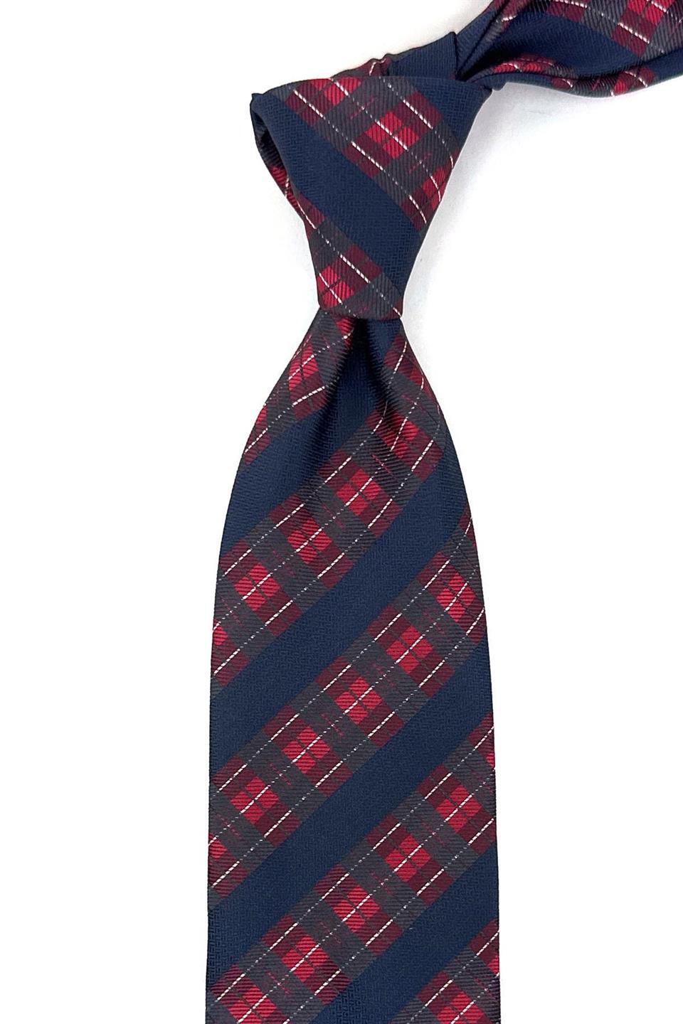 Lacivert - Kırmızı Ekose Desen Mendilli Klasik Kravat KK11984