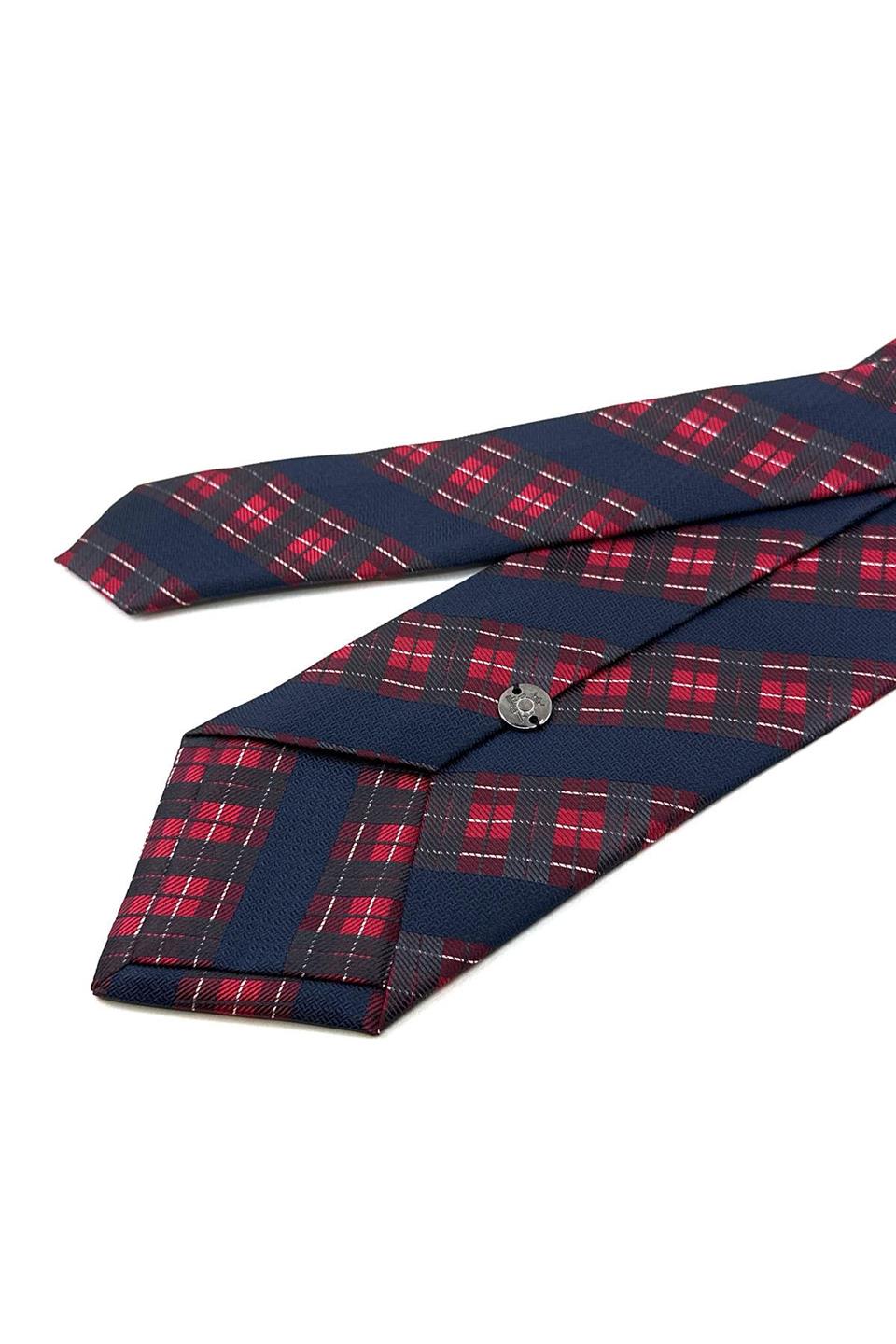 Lacivert - Kırmızı Ekose Desen Mendilli Klasik Kravat KK11984