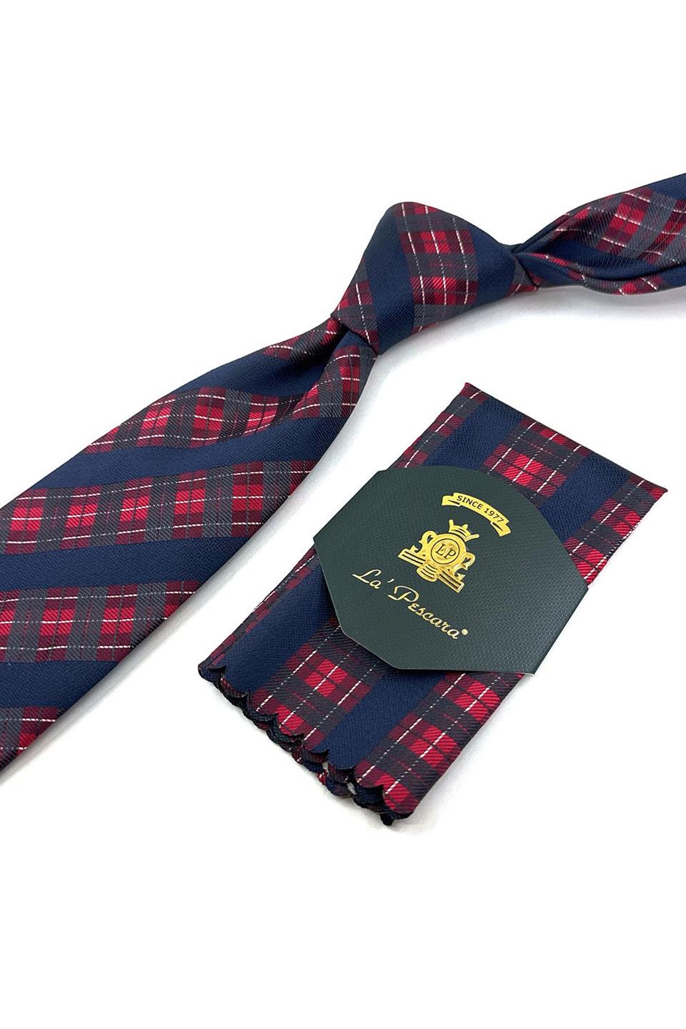 Lacivert - Kırmızı Ekose Desen Mendilli Klasik Kravat KK11984