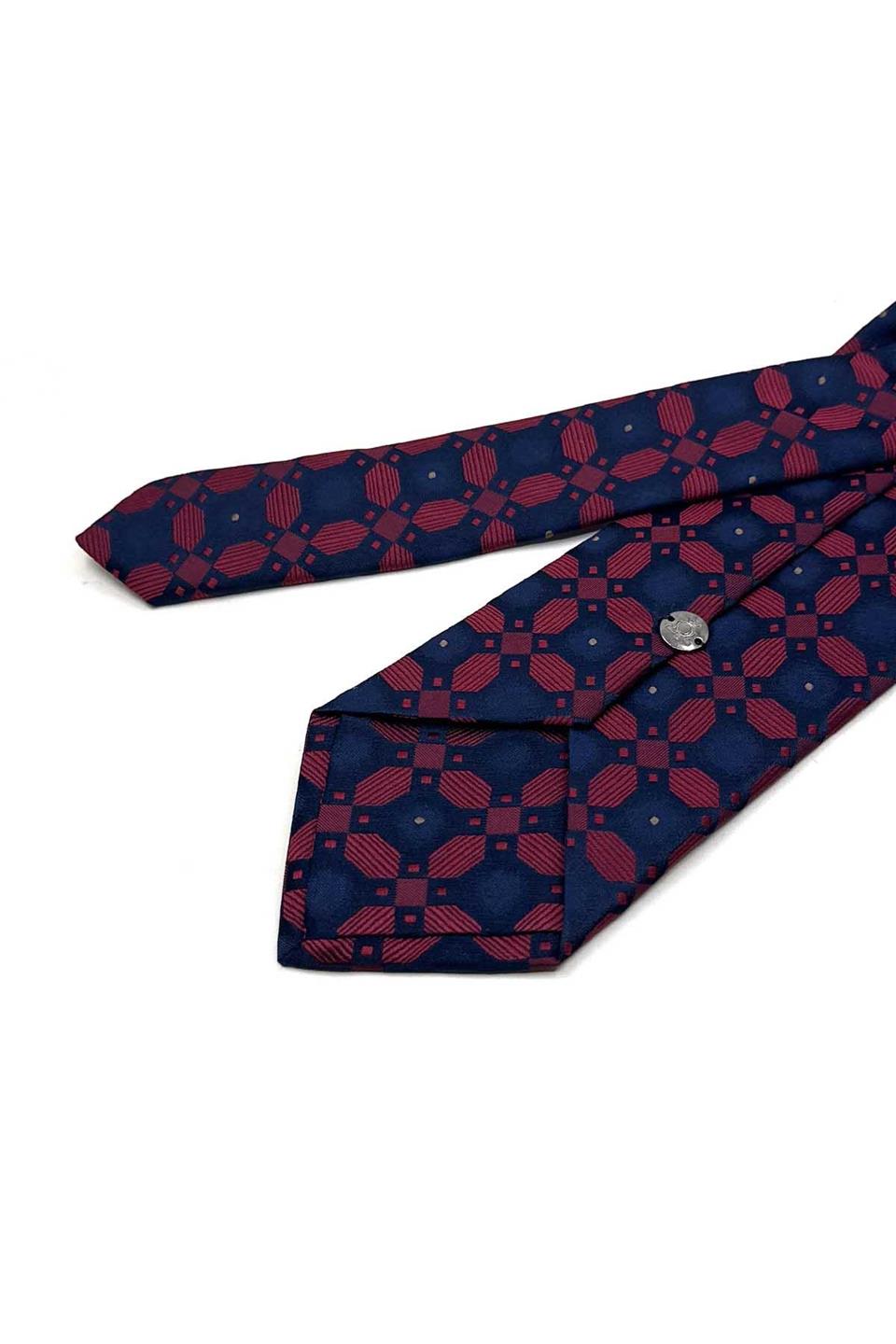 Lacivert - Kırmızı Motif Desen Mendilli Klasik Kravat KK13598