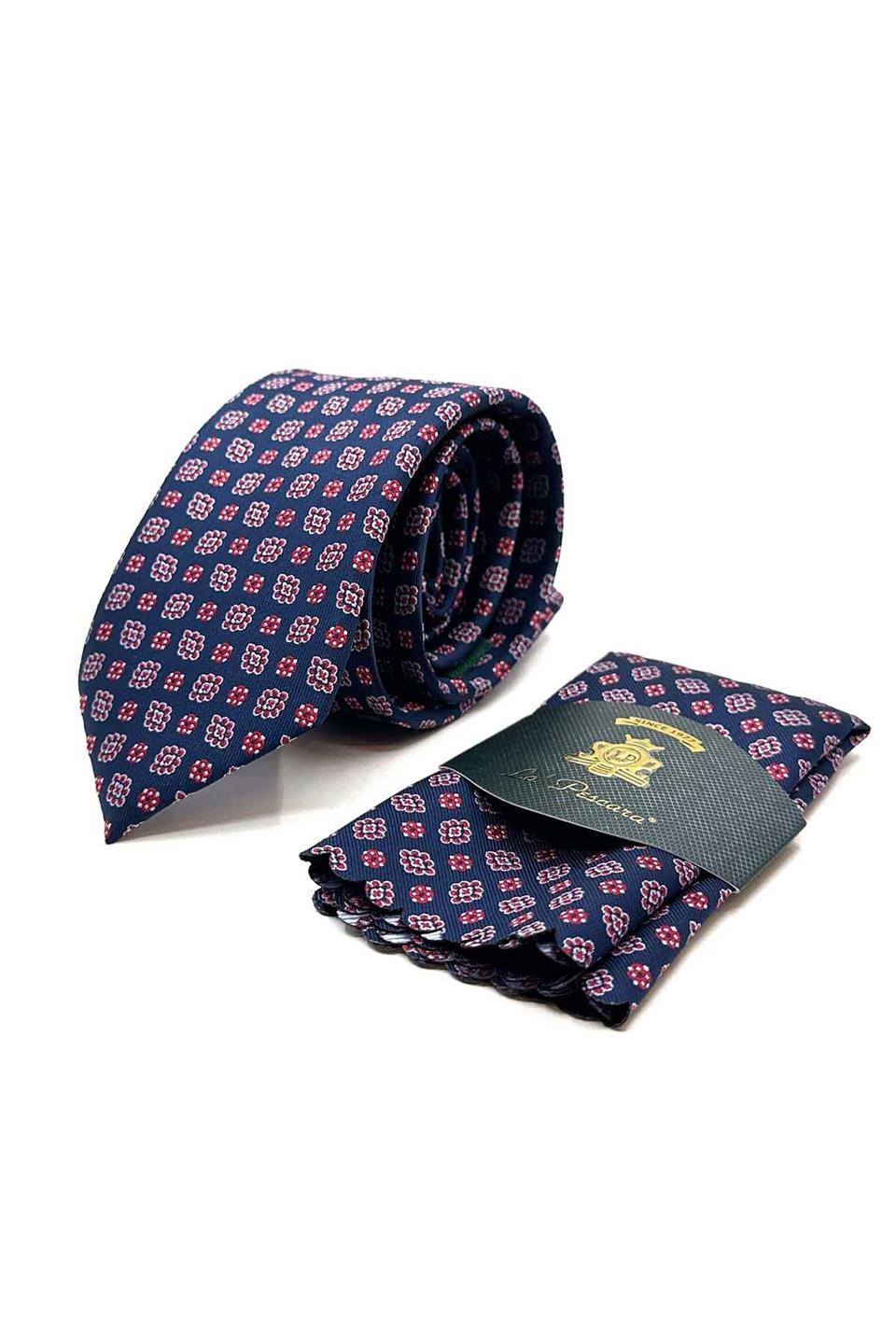 Lacivert - Kırmızı Motif Desen Mendilli Klasik Kravat KK12986