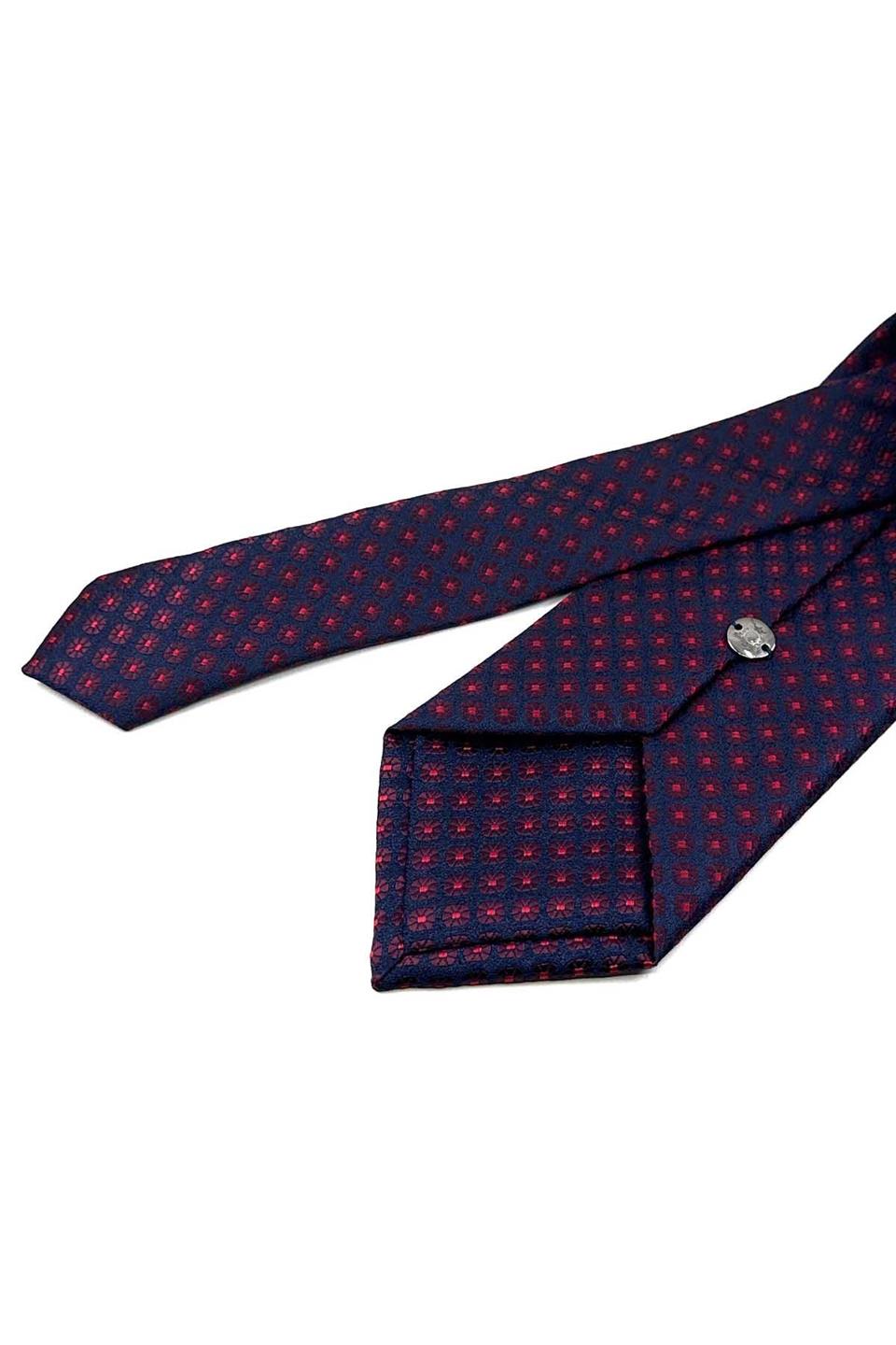 Lacivert - Kırmızı Motif Desen Mendilli Klasik Kravat KK12690