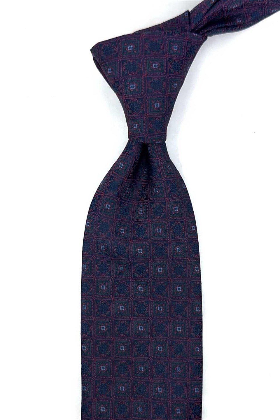 Lacivert Kırmızı Motif Desen Mendilli Klasik Kravat KK13899