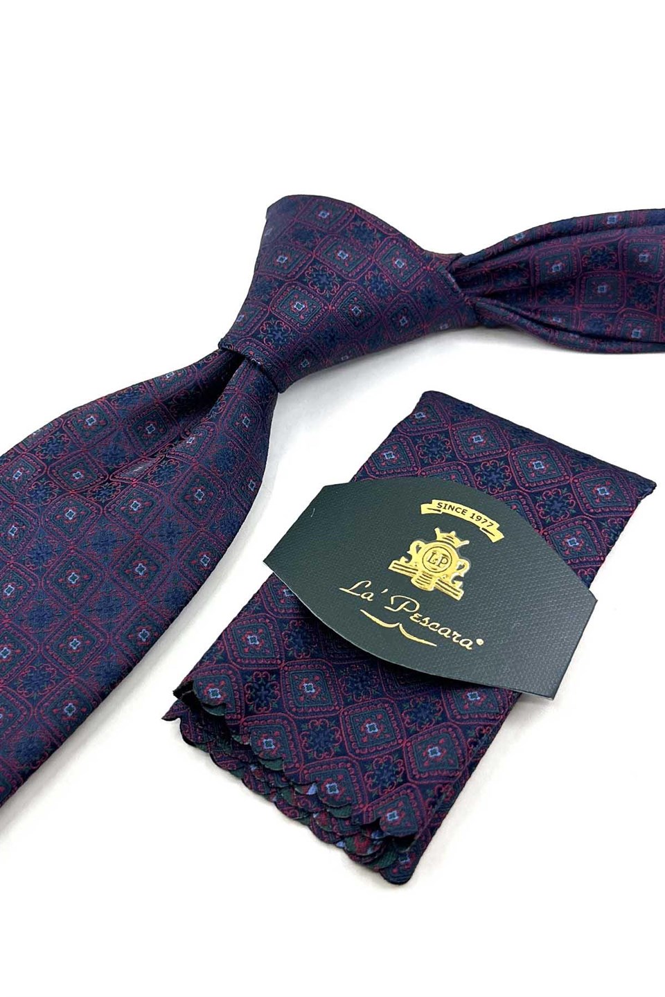 Lacivert Kırmızı Motif Desen Mendilli Klasik Kravat KK13899