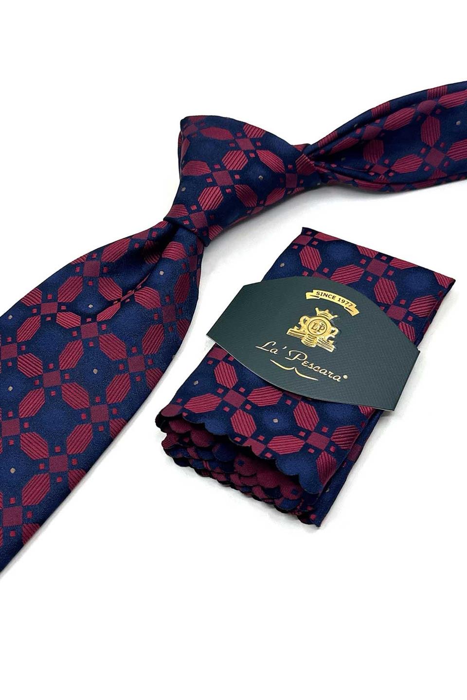 Lacivert - Kırmızı Motif Desen Mendilli Klasik Kravat KK13598