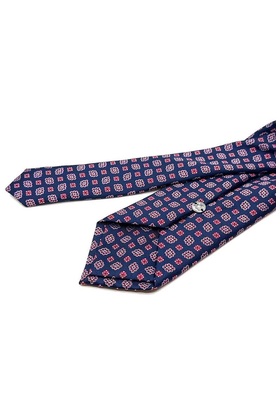 Lacivert - Kırmızı Motif Desen Mendilli Klasik Kravat KK12986