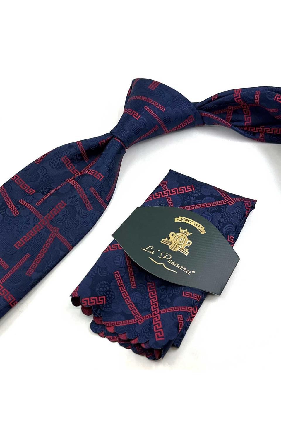Lacivert - Kırmızı Motif Desen Mendilli Klasik Kravat KK13306