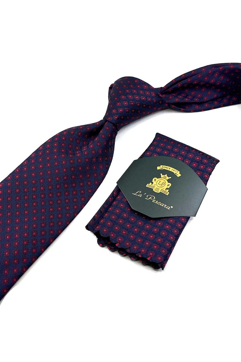 Lacivert - Kırmızı Motif Desen Mendilli Klasik Kravat KK12690