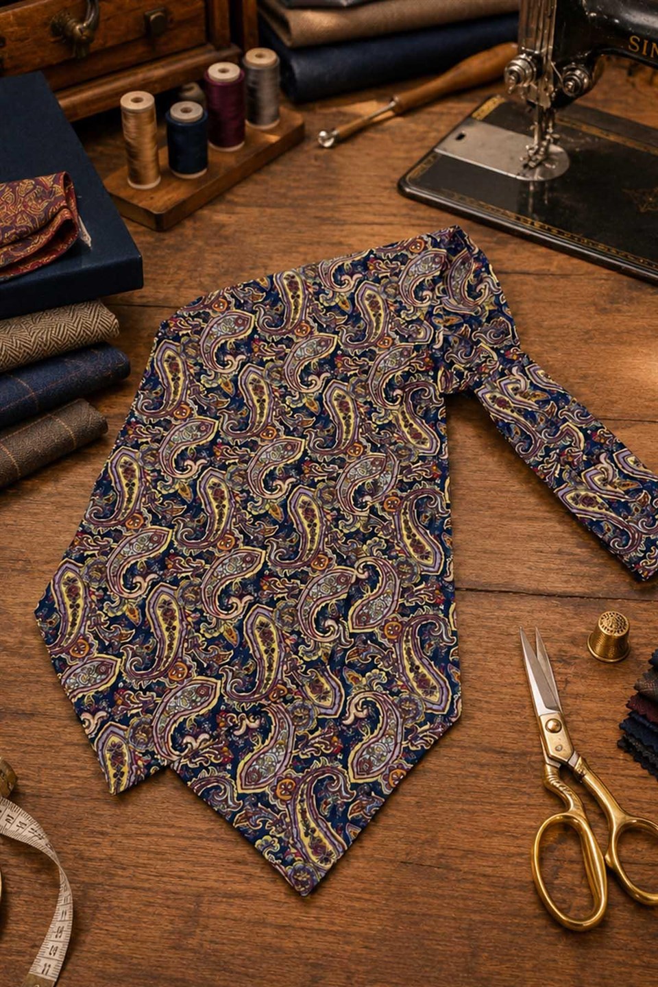 Lacivert Kırmızı Şal Desen İtalyan İpek Ascot Kravat SAC103