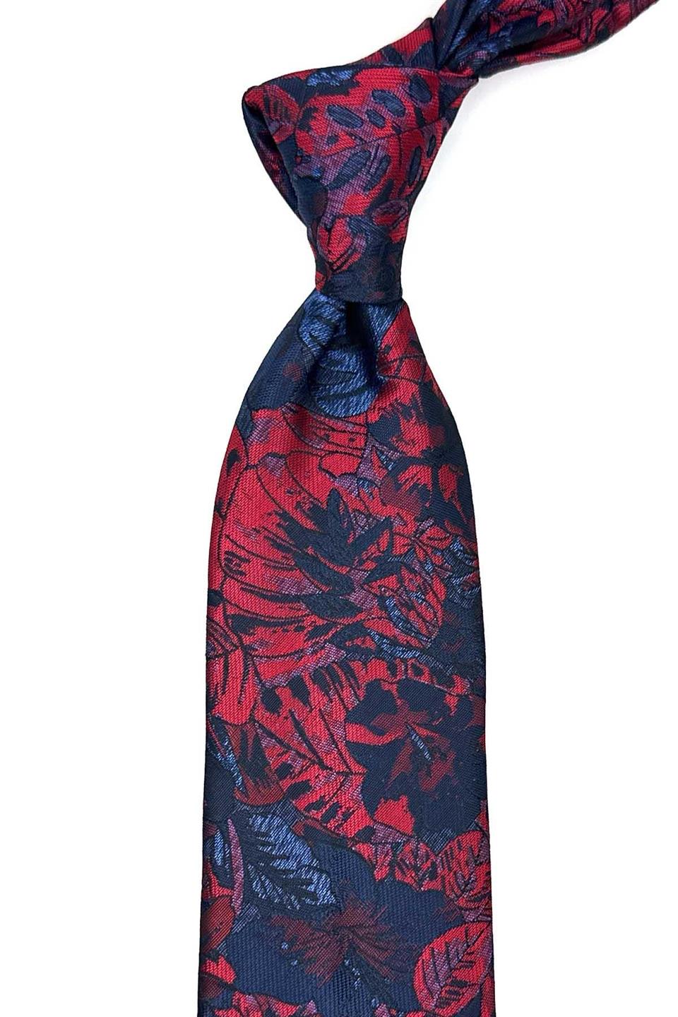 Lacivert - Kırmızı Yaprak Desen Mendilli Klasik Kravat KK13041
