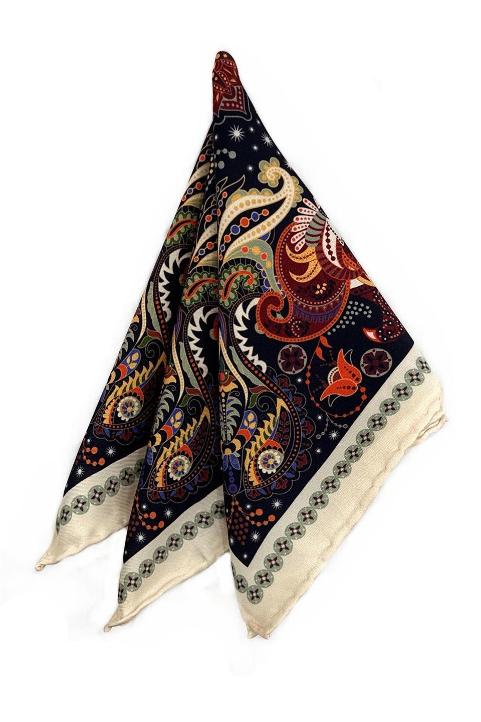 Lacivert - Krem Motif Desen Erkek Cep Mendili SPS621-99