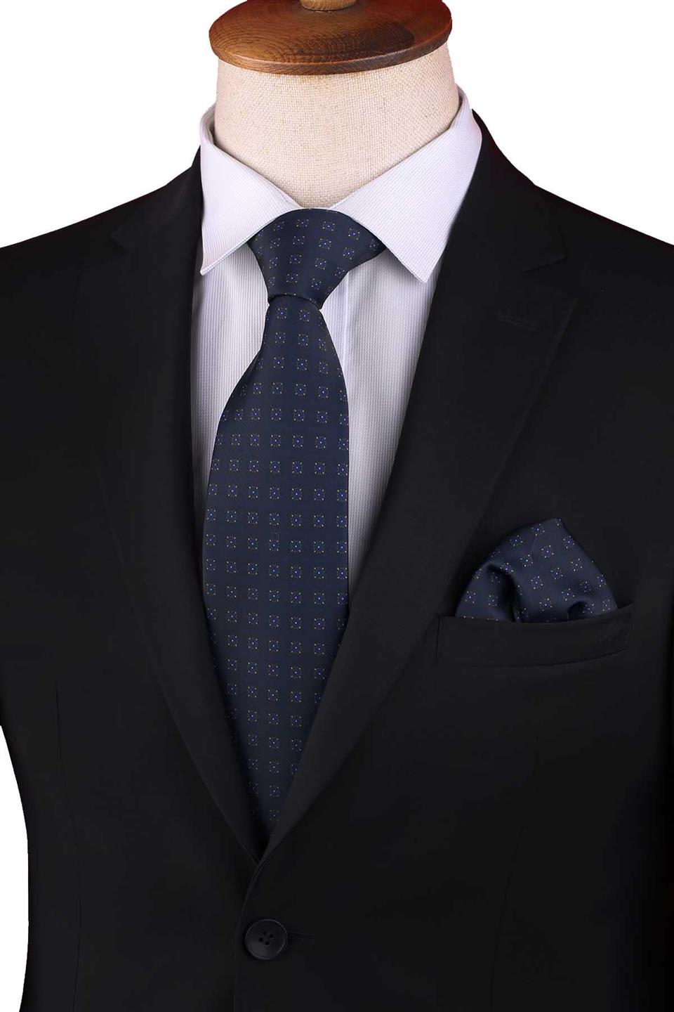 Lacivert Küçük Desen Baskılı Mendilli Klasik Kravat KK13347