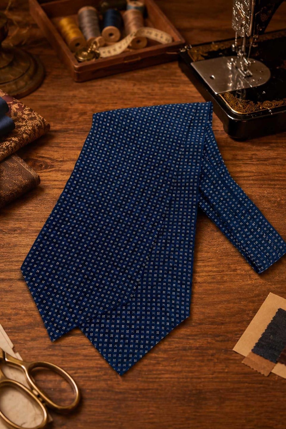 Lacivert Küçük Desen İtalyan İpek Ascot Kravat SAC139