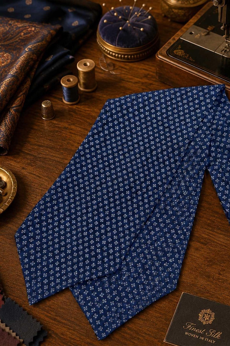 Lacivert Küçük Desen İtalyan İpek Ascot Kravat SAC133