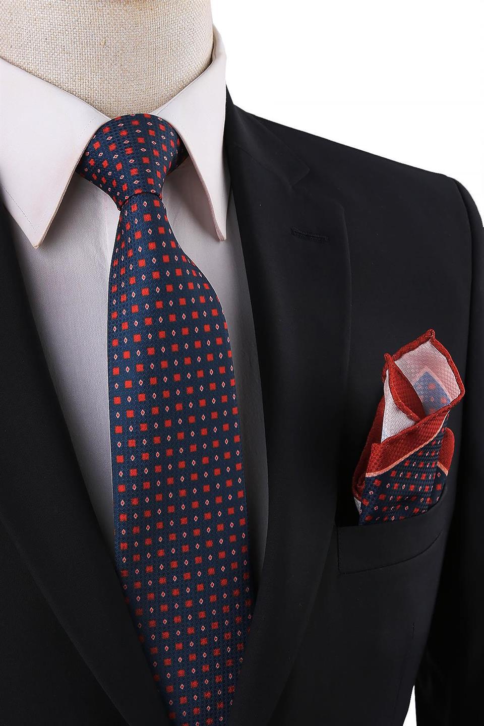 Lacivert Küçük Desen Mendilli Klasik Kravat KK10707