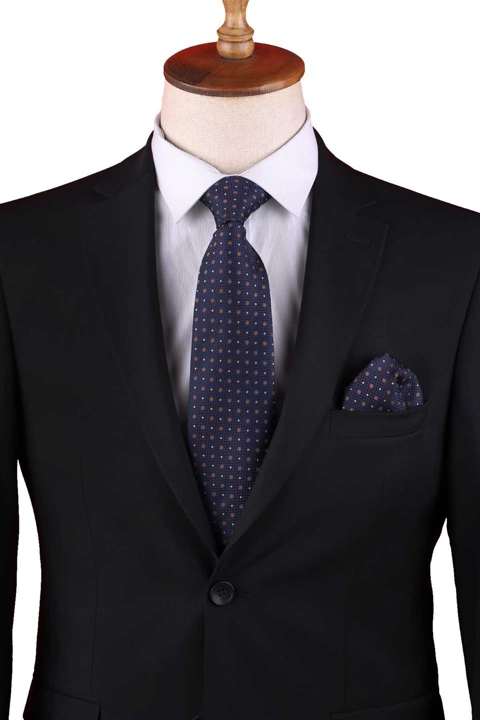 Lacivert Küçük Desen Mendilli Klasik Kravat KK13139