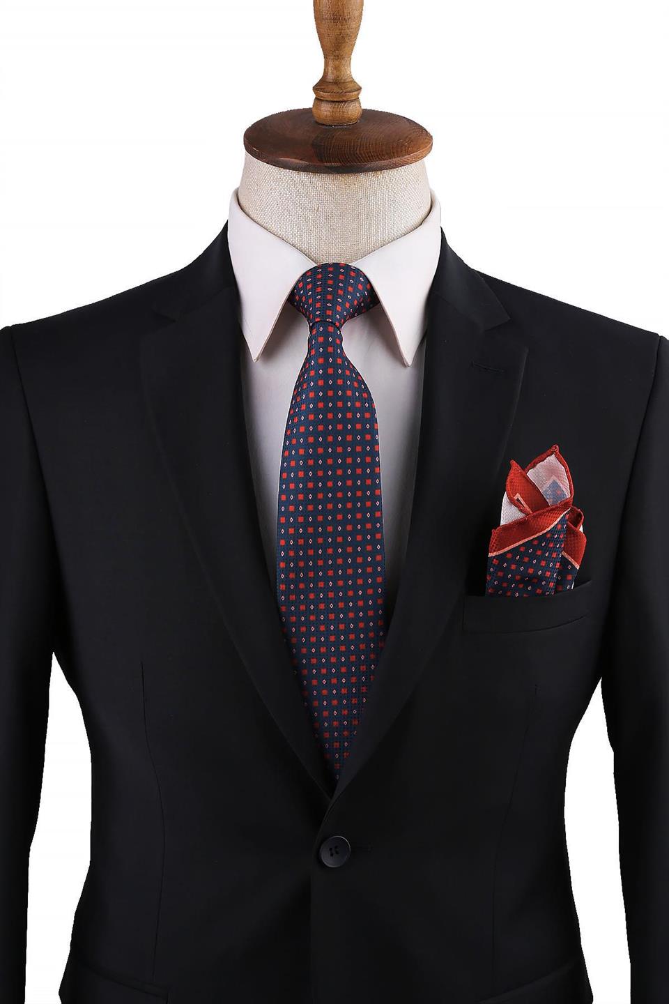 Lacivert Küçük Desen Mendilli Klasik Kravat KK10707