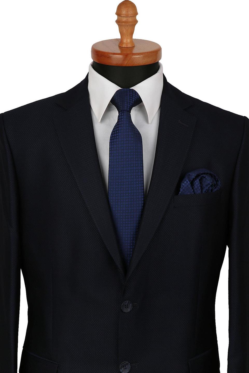 Lacivert Küçük Desen Mendilli Klasik Kravat KK9405