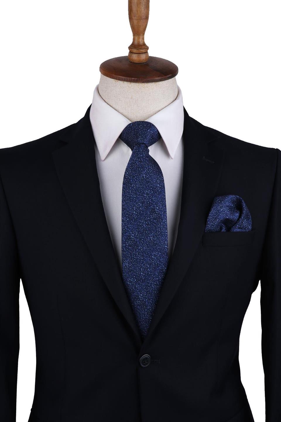 Lacivert Kum Desen Mendilli Klasik Kravat KK10411