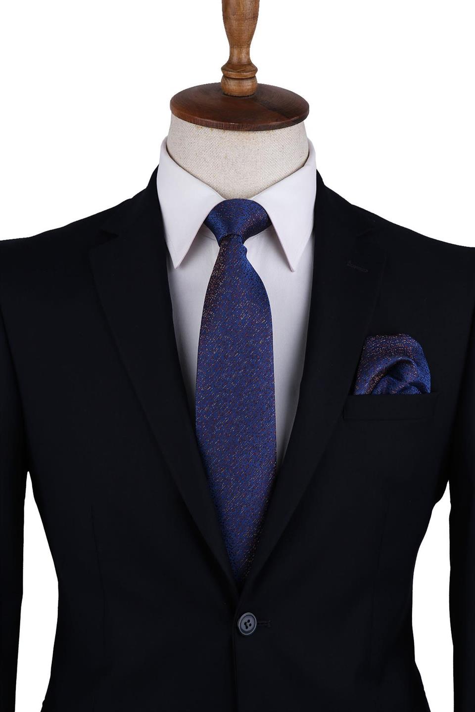 Lacivert Kum Desen Mendilli Klasik Kravat KK10386