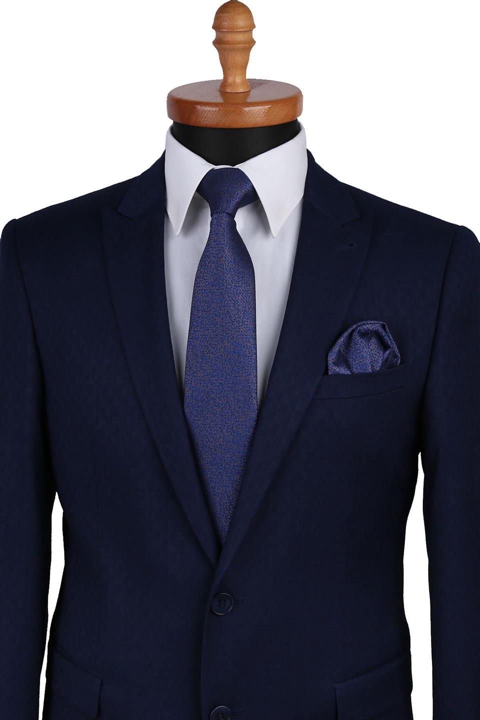 Lacivert Kum Desen Mendilli Klasik Kravat KK9530