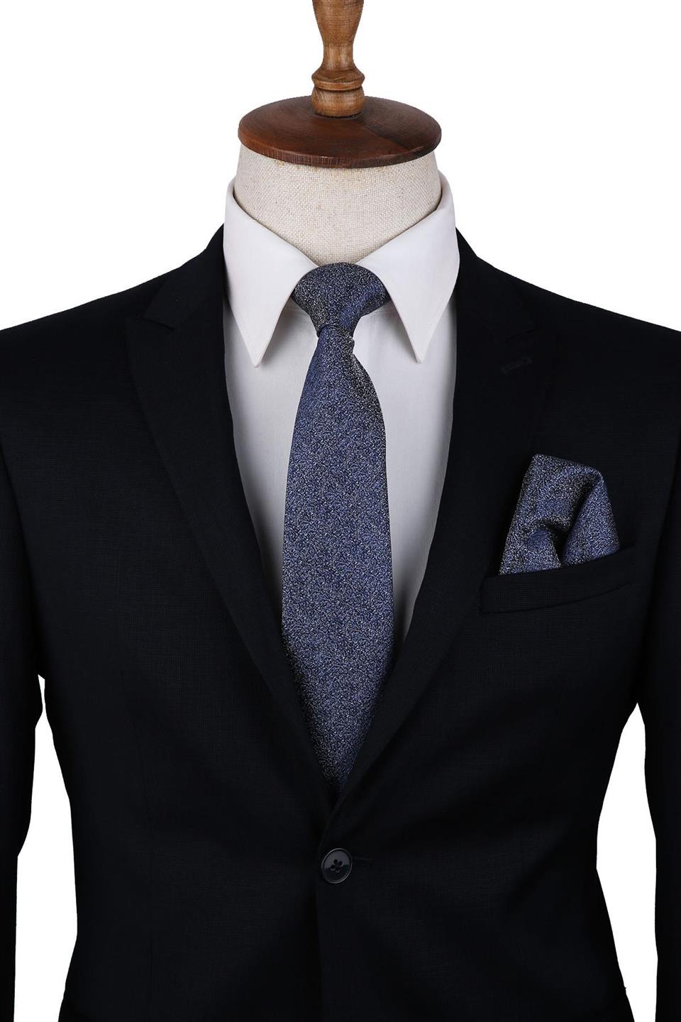 Lacivert Kum Desen Mendilli Klasik Kravat KK10157